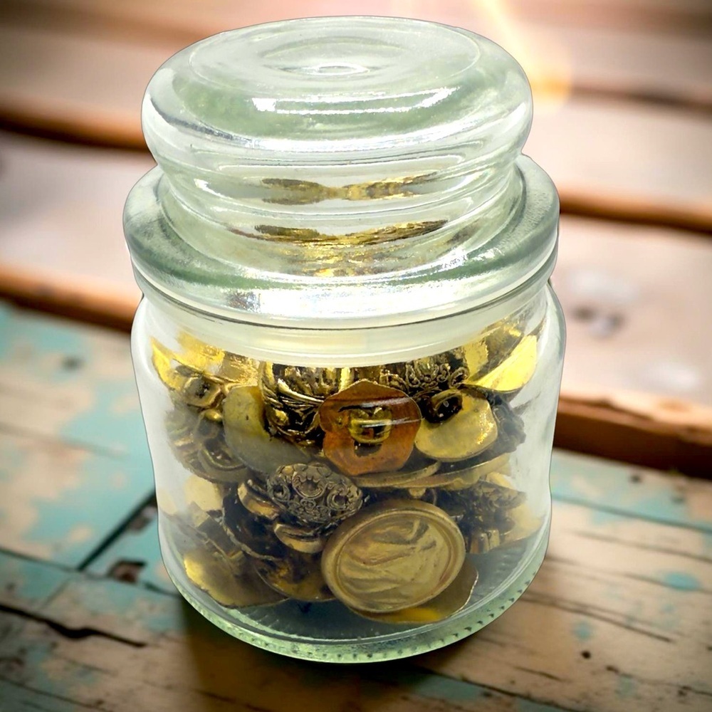 Glass Jar with Assorted Vintage Gold Buttons
